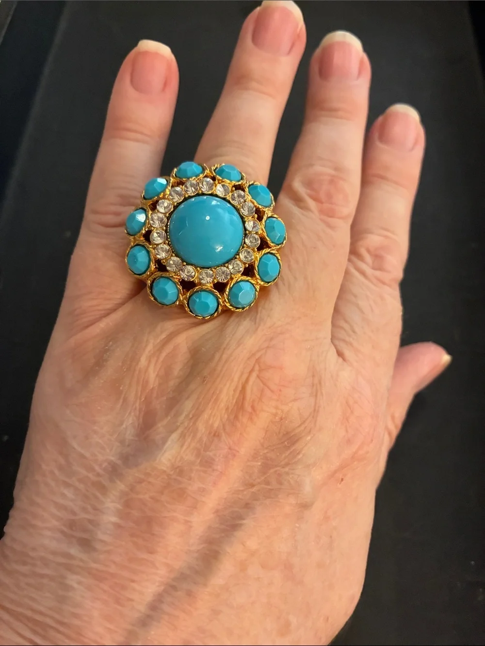 Turquoise Cabochon Statement Ring with Surrounding Clear Crystals